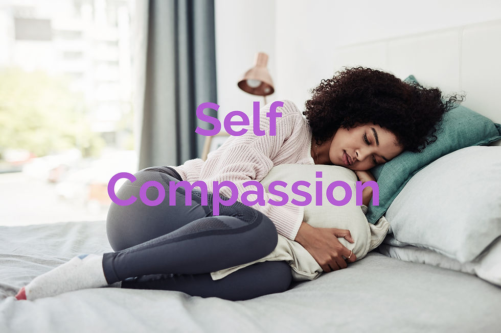 Women laying on bed with words self compassion listed over it