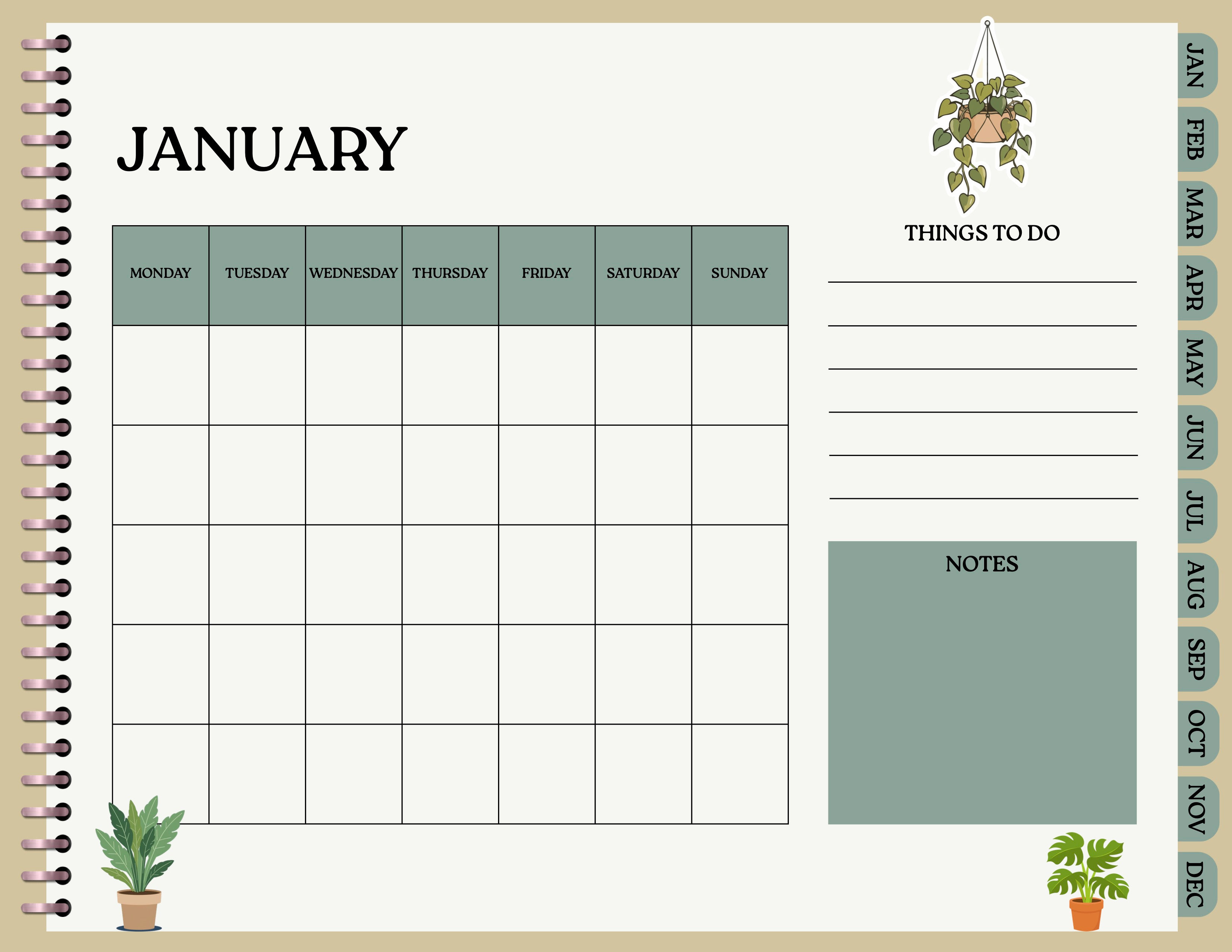 Undated Planner Calendar - plants