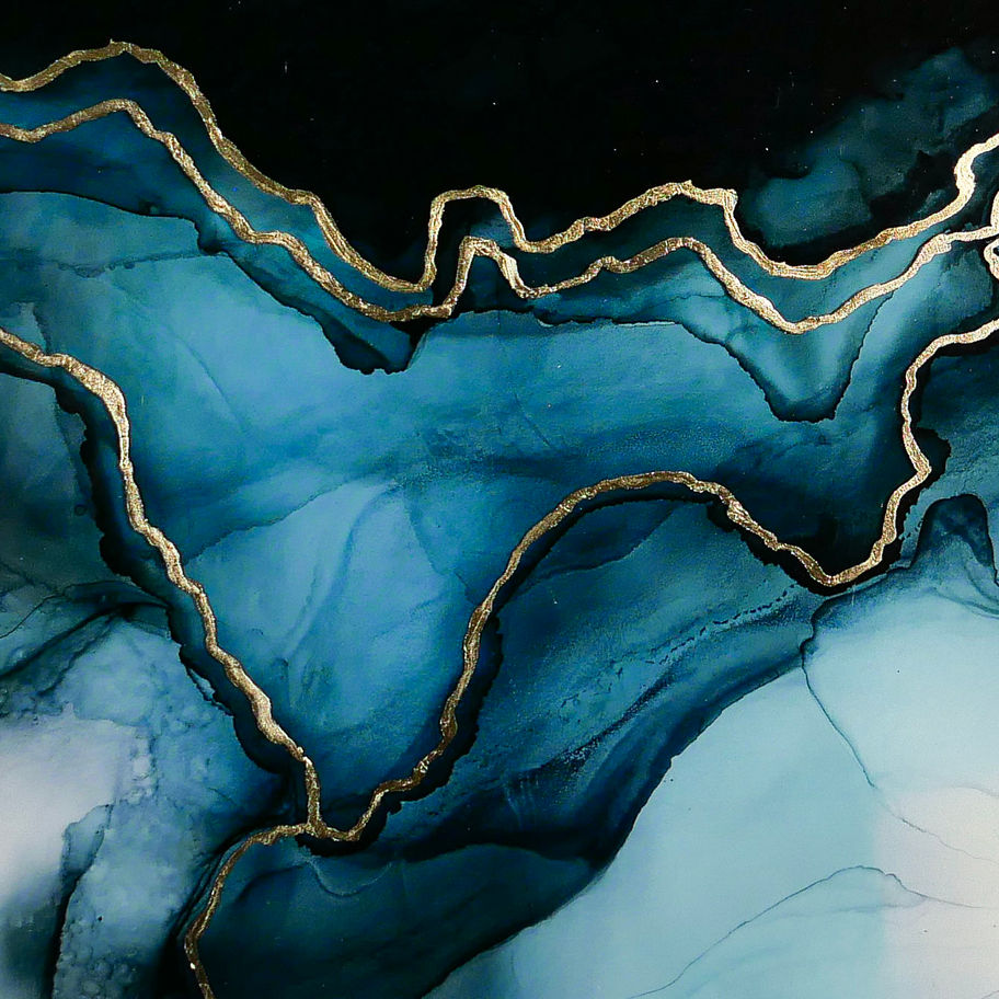 Detail of alcohol-ink artwork in rich ocean tones with 24k gold detailing from the Heraklion Series by Stephanie Gillett