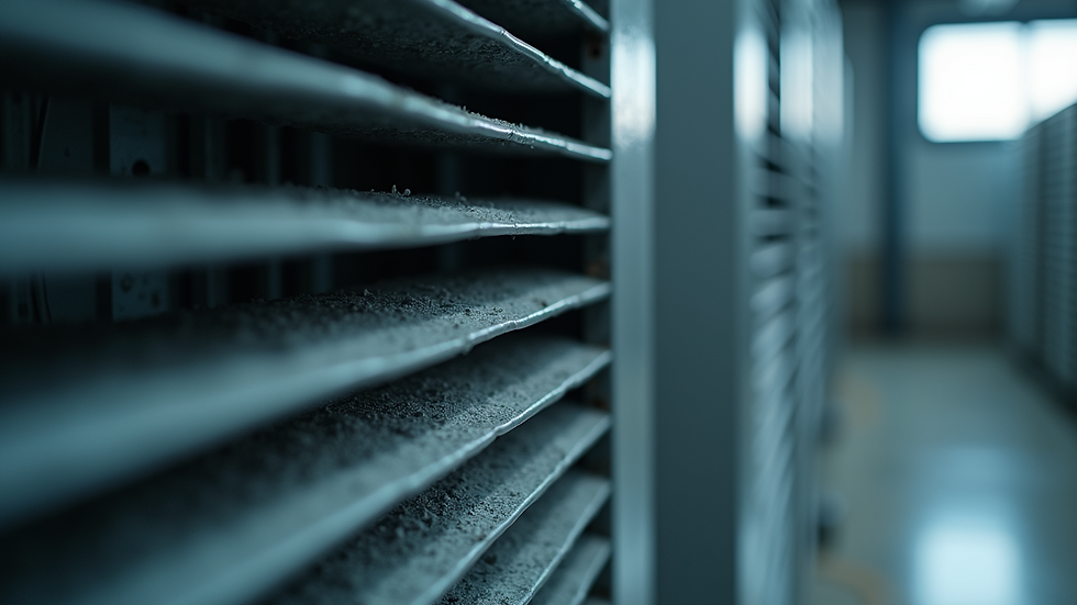 Close-up view of an air handling unit with visible coils and filters