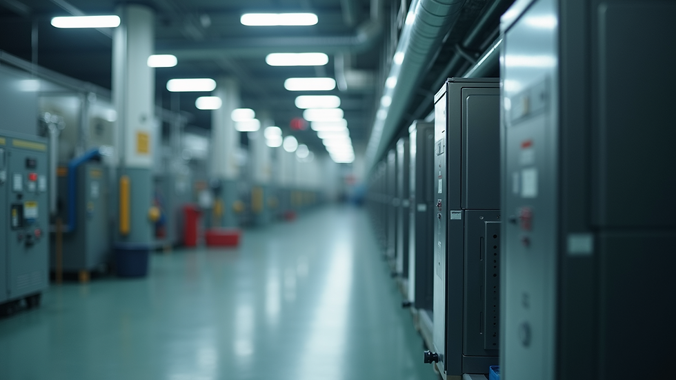 Close-up view of HVAC system components inside a commercial facility