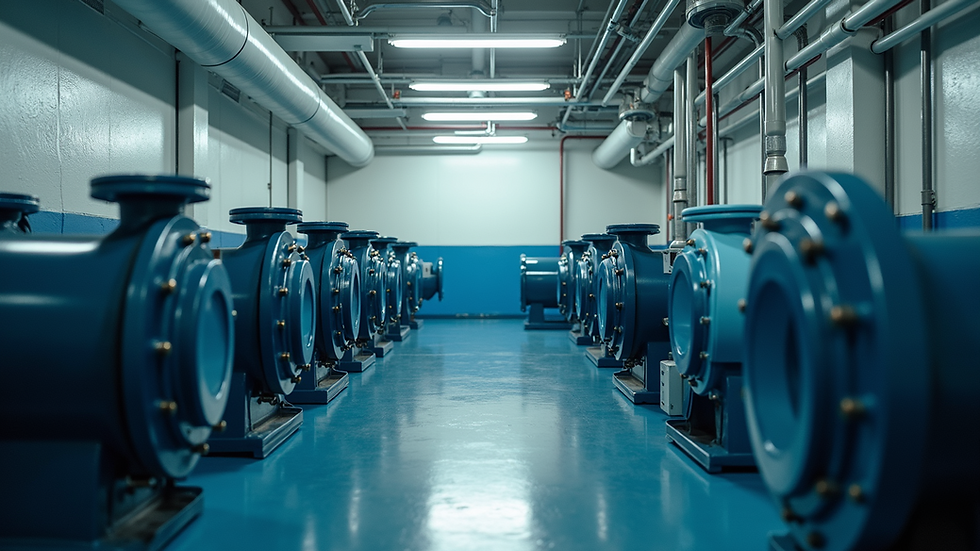 High angle view of a commercial hydronic system pump room with multiple pumps and piping
