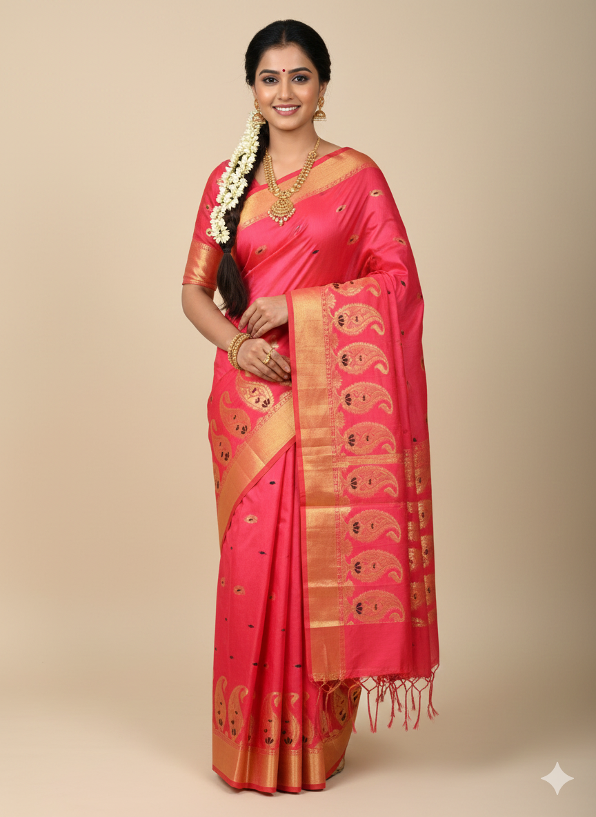 Premium cotton silk saree with soft sheen and elegant traditional design for festive and daily wear.