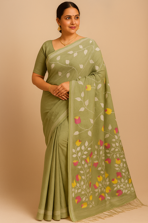 Handwoven pure muslin Jamdani saree from Bengal with intricate motifs – premium luxury saree for exclusive occasions.