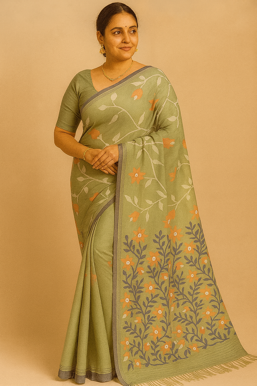 A premium Muslin Jamdani saree featuring intricate handwoven motifs and a lightweight, airy drape.