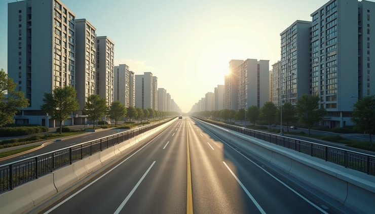 Eye-level view of a newly constructed urban highway with adjacent residential buildings