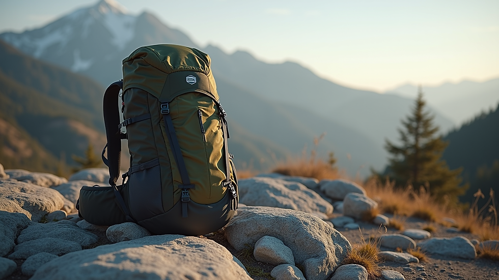 Eye-level view of a hiking backpack resting on a rocky surface