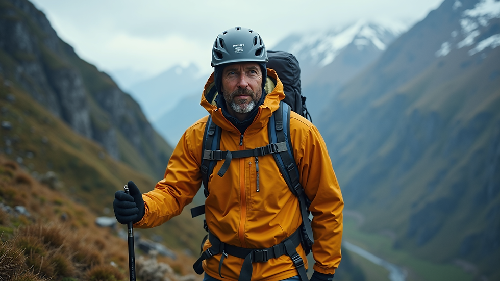 Eye-level view of a hiker wearing a waterproof jacket and climbing gear