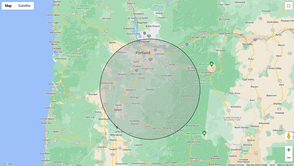 Google maps 35 mile radius from Molalla, OR