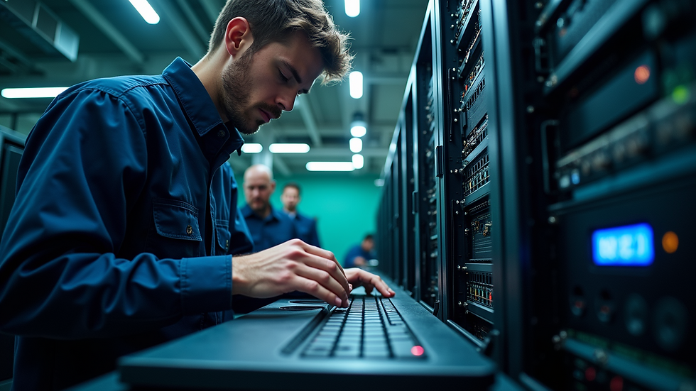 Eye-level view of a professional IT technician working on a server