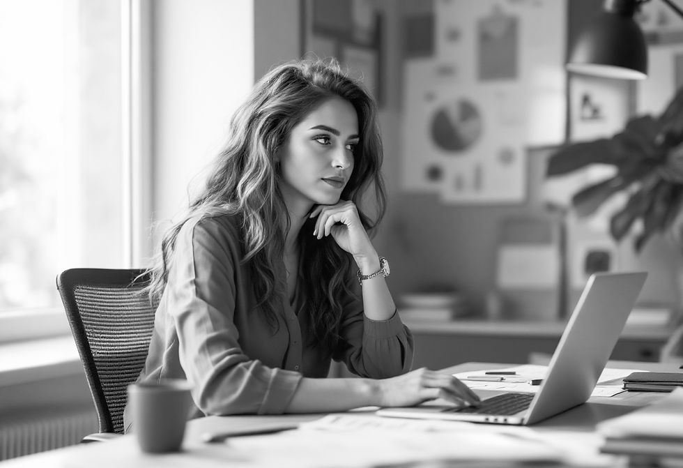 Woman in an office focused on a laptop. Charts on the wall, daylight through a window. Calm, contemplative mood. Black and white.