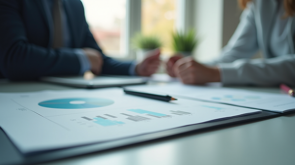 Vue d'ensemble d'un bureau avec des documents de prospection commerciale