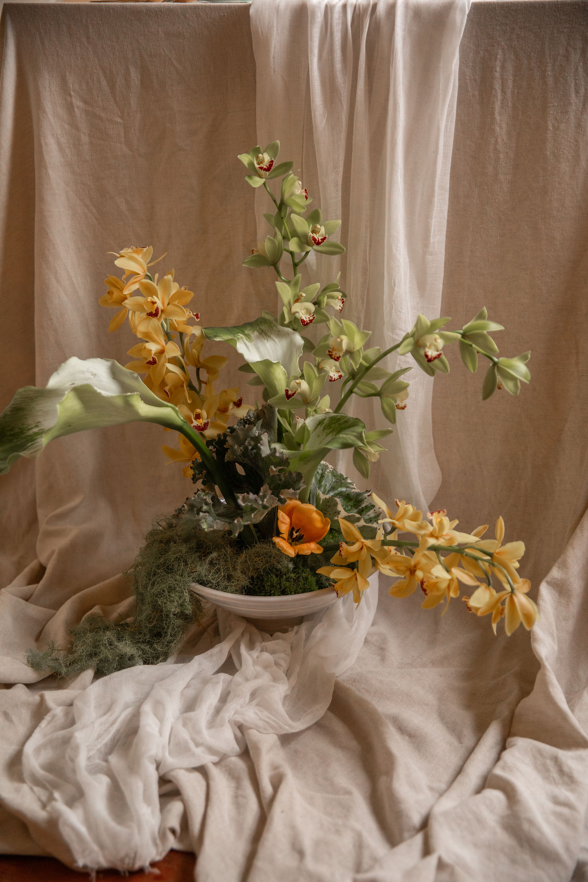 Florals and draped linen
