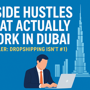 "Dubai skyline with business professionals working on laptops representing side hustles and entrepreneurship opportunities for expats"