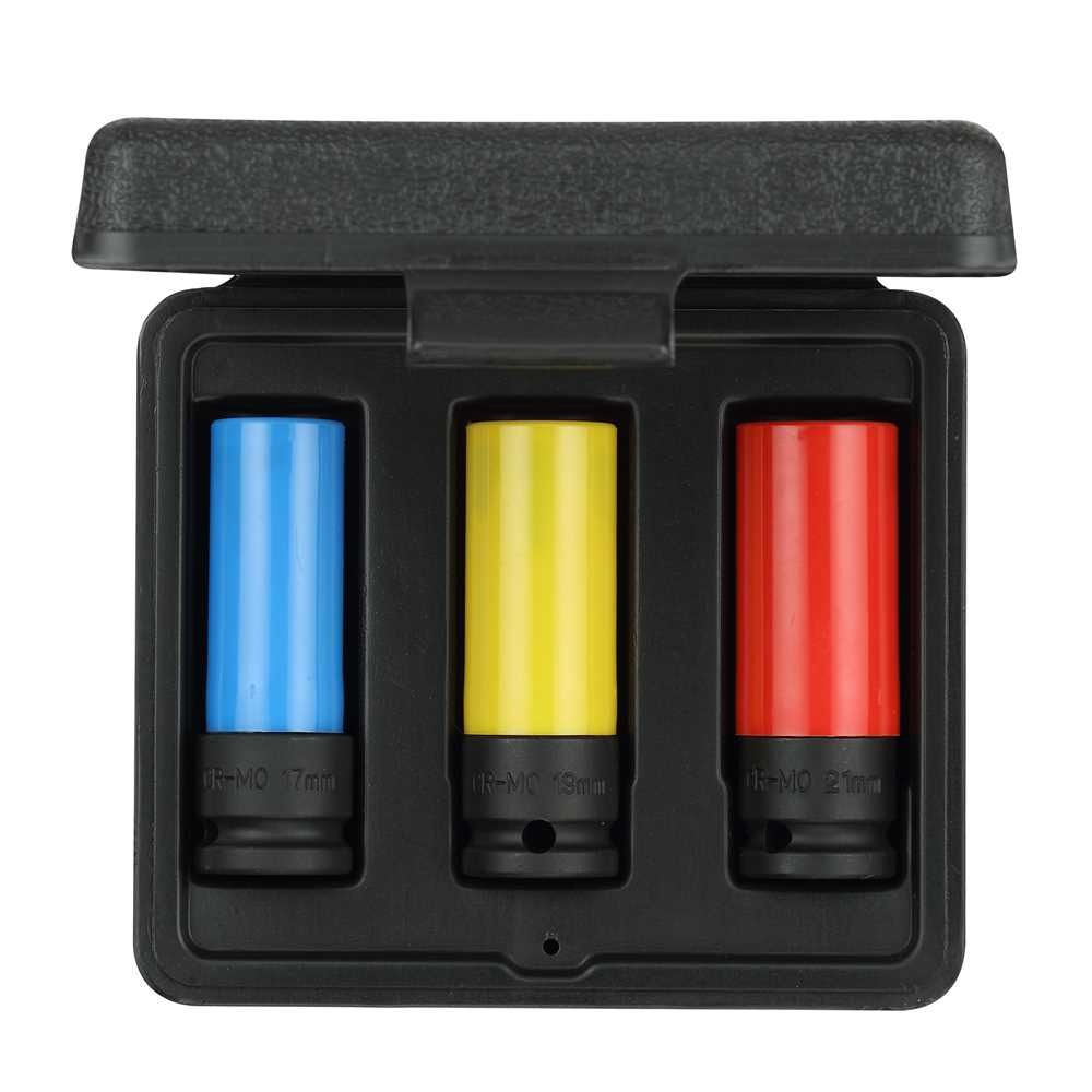 JOGO DE SOQUETES DE IMPACTO SEXTAVADOS ENCAIXE DE 1/2" 17MM 19MM 21MM COM 3 PÇS