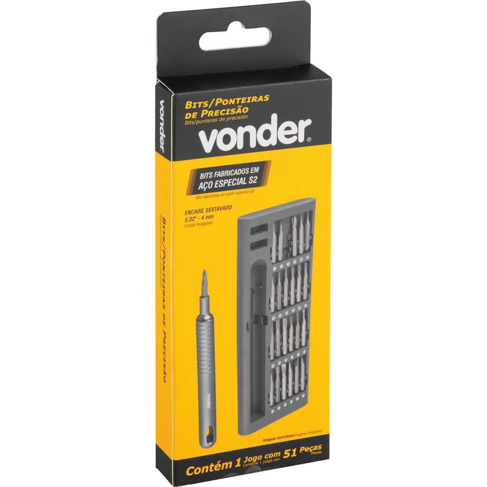 JOGO DE BITS/PONTEIRAS DE PRECISÃO COM 51 PEÇAS ENCAIXE SEXTAVADO DE 4 MM VONDER