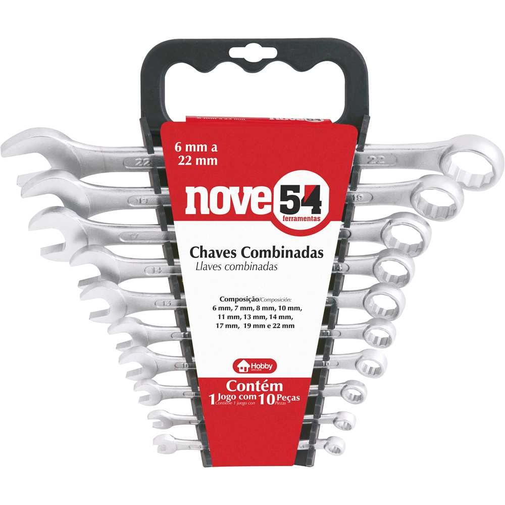 JOGO DE CHAVES COMBINADAS 6 MM A 22 MM AÇO CARBONO 10 PEÇAS NOVE54