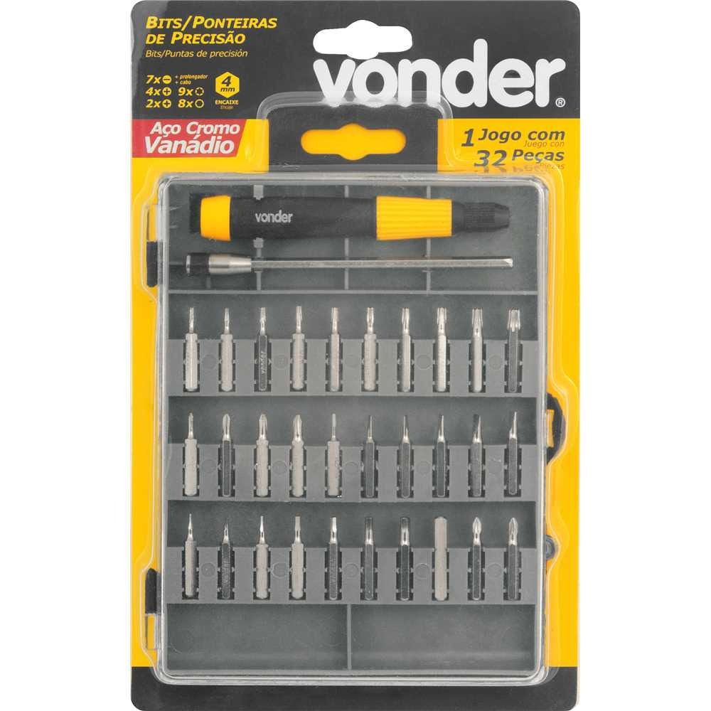 JOGO DE BITS/PONTEIRAS DE PRECISÃO COM 32 PEÇAS ENCAIXE SEXTAVADO 4 MM VONDER