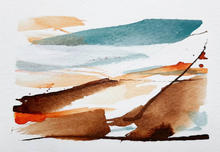 Painting of an abstracted view over hills in umber, orange and blue. Loose and expressive.