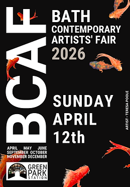 Poster for BCAF in Bath, a contemporary artists fair, with goldfish and a dark background