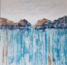 Painting on canvas by artist Tina Peacock of mountains and ocean.