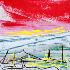 Red sky over frosty landscape painting.