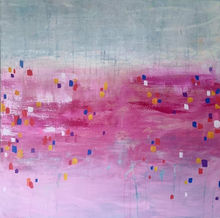 Abstract painting in pink and white with multicoloured marks by Tina Peacock