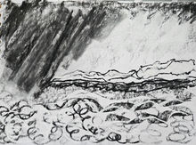 Black and white drawing in charcoal of rain, land and sea.