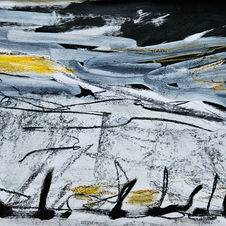 Black, white and orange painting of landscape showing abstract fields and foreboding sky by Tina Peacock Art.