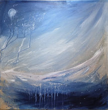 Abstract expressionist seascape showing rolling sea and a moon with drips and texture.