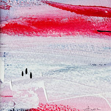 Minimalist painting of white land and red sky with three figures.