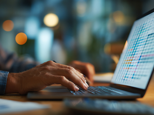 Hands typing on a laptop with a colorful spreadsheet on screen. Blurred office setting and warm lighting create a focused atmosphere.