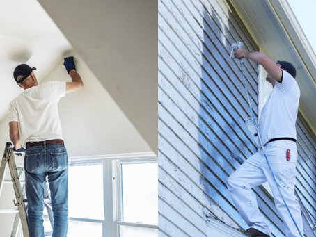 Two men painting: one indoors on a ladder painting a white ceiling, and another outdoors painting a house's blue siding. Both wear casual clothes.