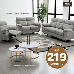 1 Recliner+2+3 Fabric Sofa Set & Ceramic Top Coffee Table