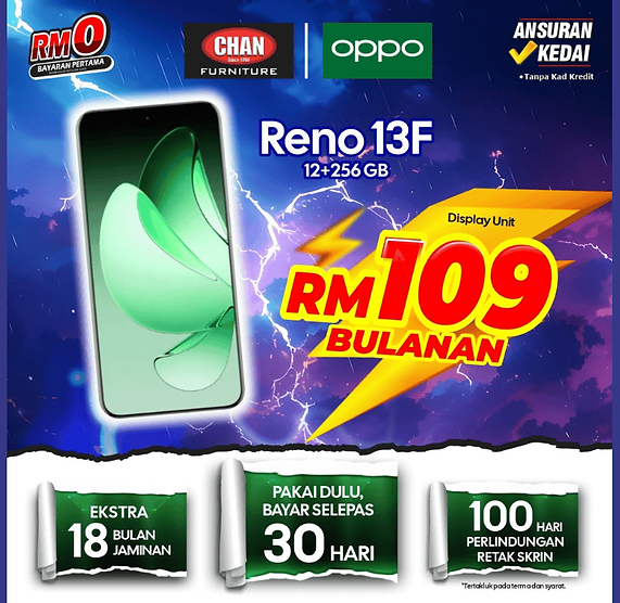 Beli OPPO Reno 13F dengan Ansuran RM109 Sebulan – Tanpa Kad Kredit!