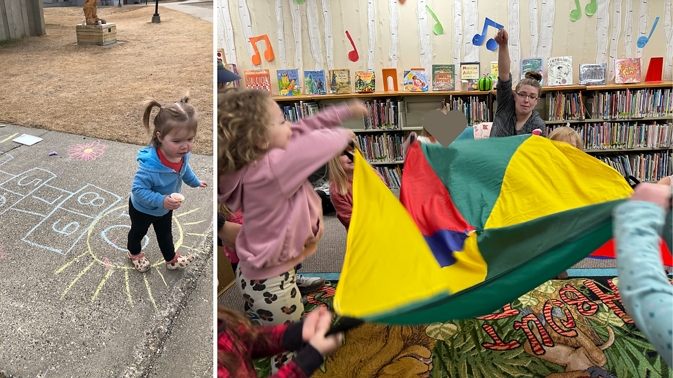children play and use chalk during a "silly words" themed story hour program at a community library in Alaska