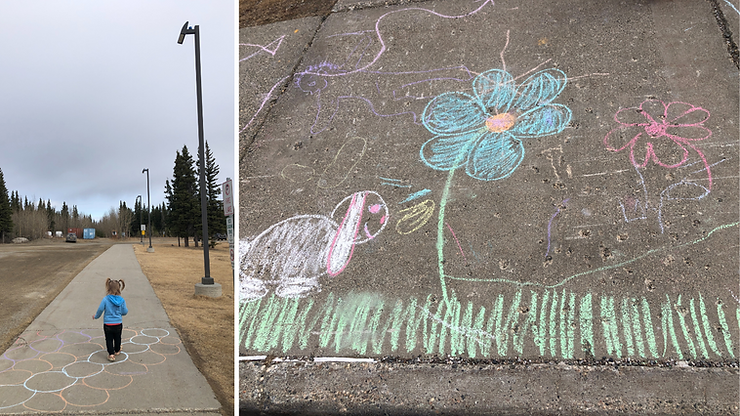 children play and use chalk during a "silly words" themed story hour program at a community library in Alaska