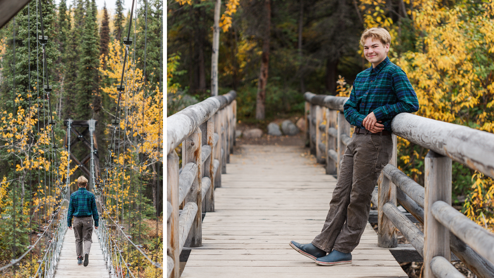 a high school senior boy poses for photos at riley creek in denali national park alaska