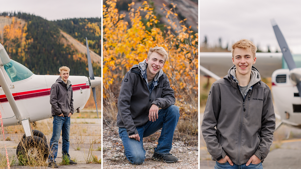 A high school senior boy poses in the Alaskan fall with his airplane for senior portraits