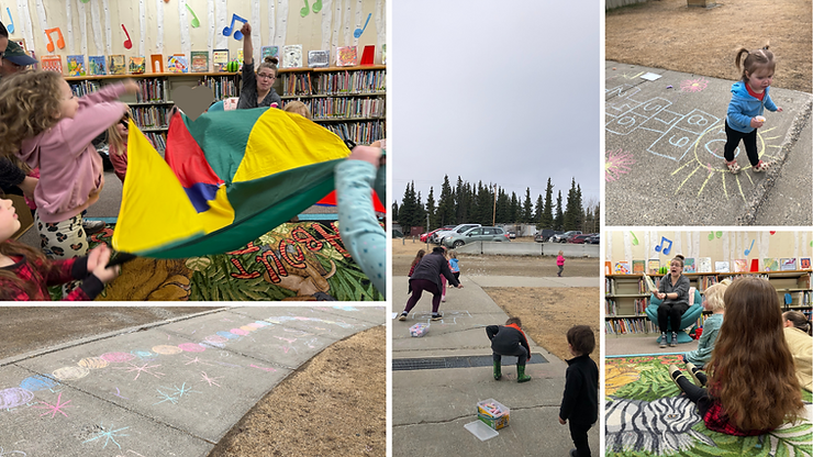 children play and use chalk during a "silly words" themed story hour program at a community library in Alaska