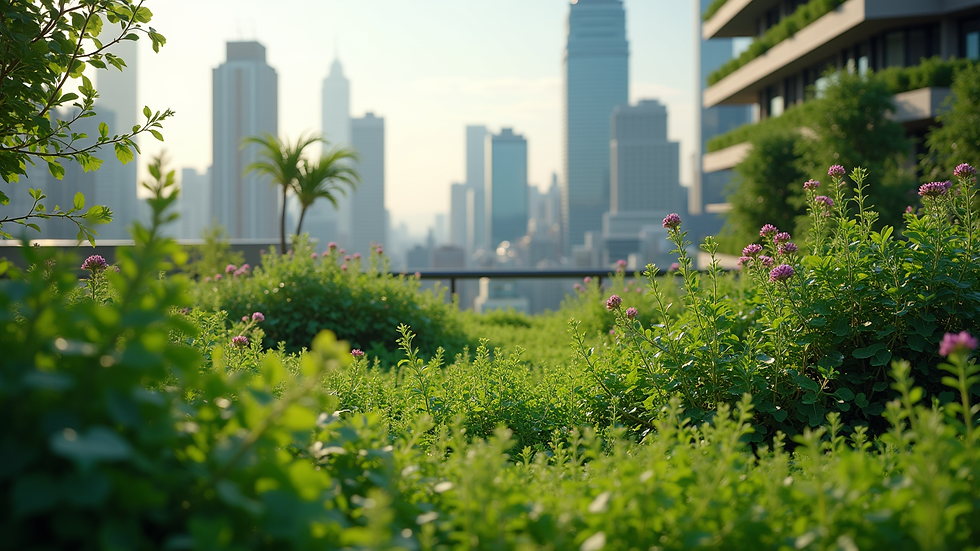 Wide angle view of a lush green rooftop garden