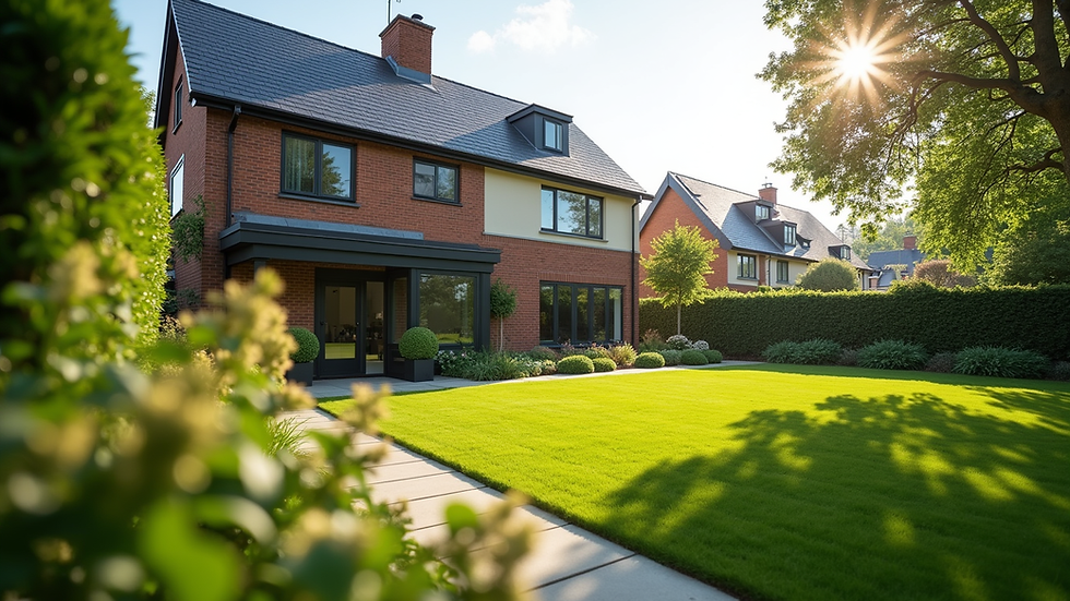 Eye-level view of a modern residential property with a well-maintained garden