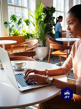 Ein Freelancer Chatmoderatorar beitet mobil von einem Café aus.