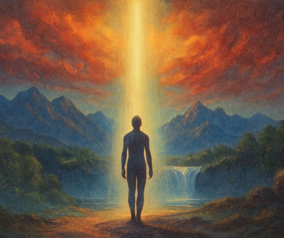 Symbolisches spirituelles Kunstwerk eines meditierenden Menschen im Licht, stellvertretend für die Reise zur inneren Wahrheit und emotionalen Heilung.