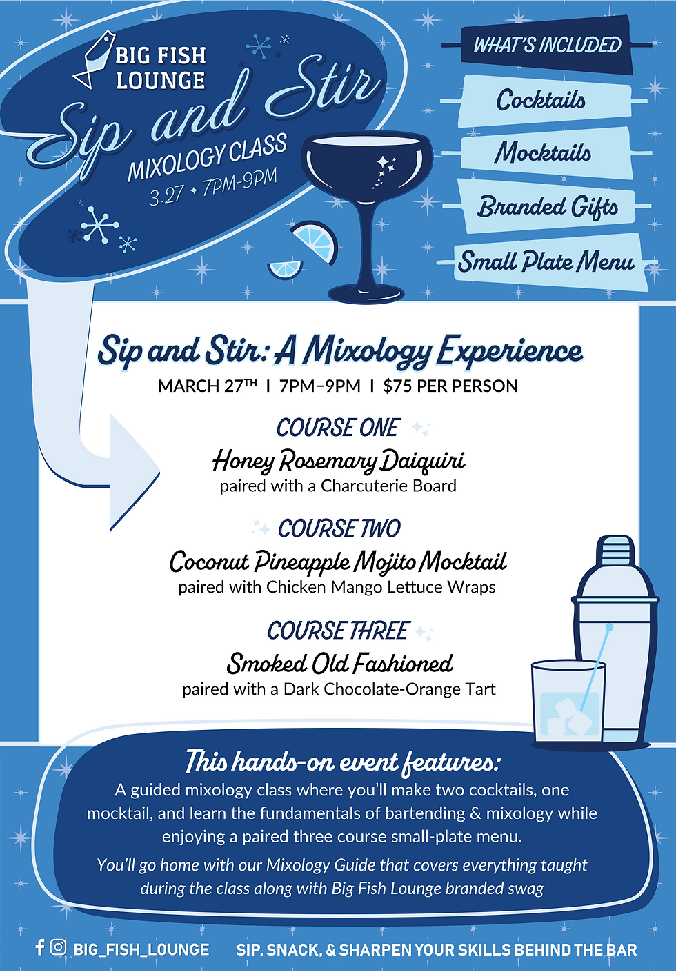 Mixology Class flyer with a 1950s design with different shades of blue. The class is called Sip and Stir and it is hosted by Big Fish Lounge
