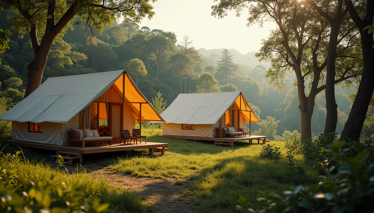 Wide angle view of luxury tents at Banasura Hill Resort surrounded by hills