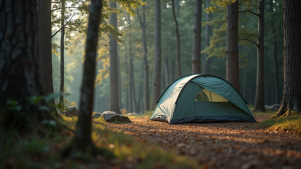 Eye-level view of a serene campsite surrounded by trees