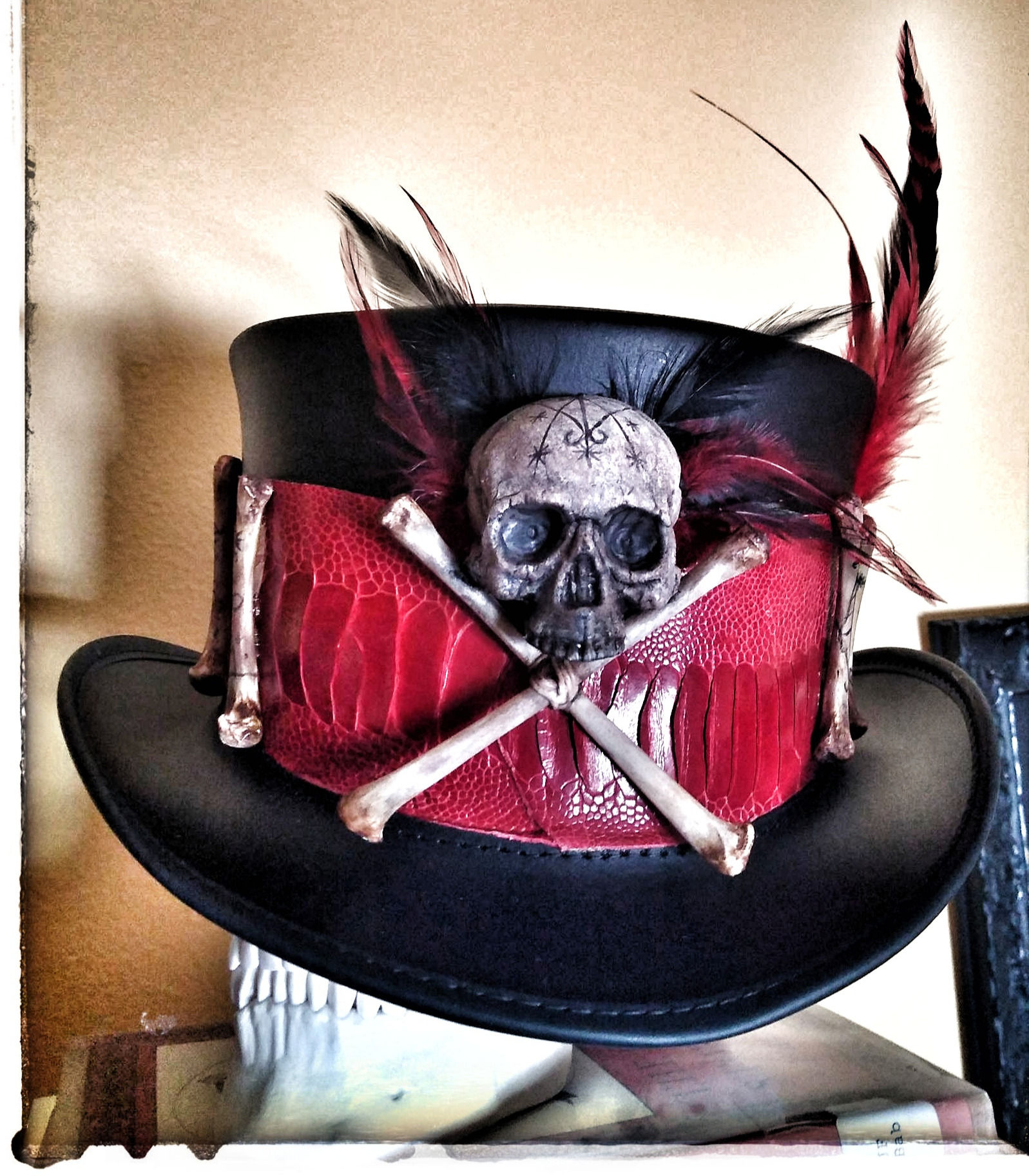 Leather VooDoo Top Hat w/Ostrich leg Leather Wide Band
