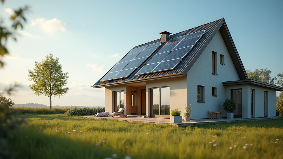 Eye-level view of a modern home with solar panels on the roof