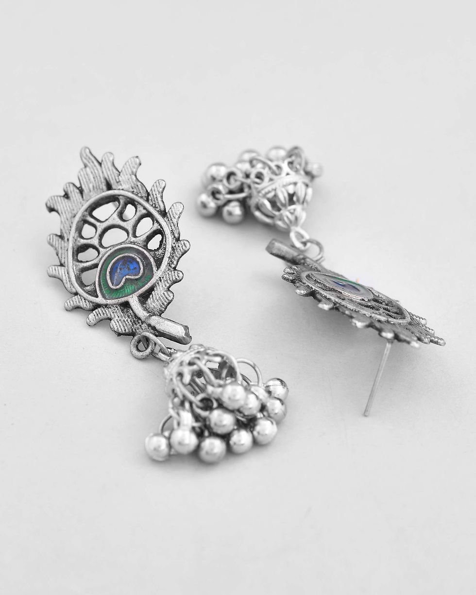 Thumbnail: Silver Plated Oxidized Kanha Shape Long Necklace with Earring Set